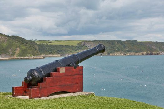 Memorial cannon at Tenby, an ancient walled town; now a tourist destination in the county of Pembrokeshire, south Wales, UK.