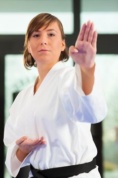 Woman in martial art training in a gym, she is wearing a black belt