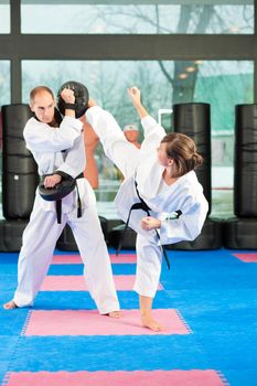 People in a gym in martial arts training exercising Taekwondo, both have a black belt