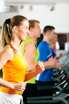 Running on treadmill in gym or fitness club - group of women and men exercising to gain more fitness