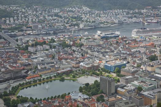 View of Bergen city from Mount Floyen, Floyen is one of the city mountains in Bergen, Hordaland, Norway, and one of the city’s most popular tourist attractions.