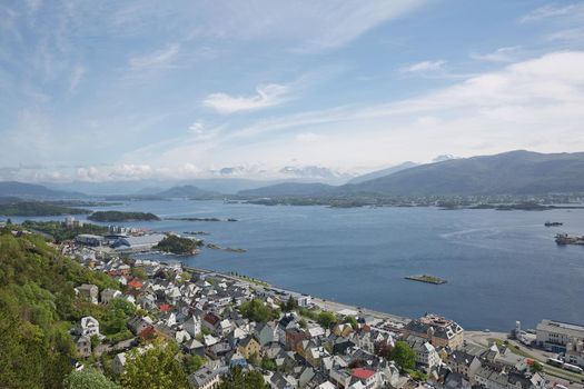 The bird's eye view of Alesund port town on the west coast of Norway, at the entrance to the Geirangerfjord.
