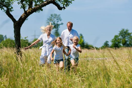 Happy Family with two girls running in a meadow in summer