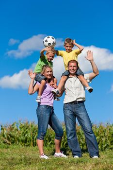 Family with two little boys playing in the grass on a summer meadow - they have a football