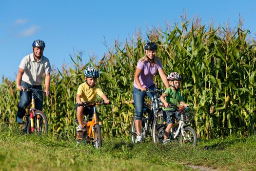 Family is cycling in summer - father, mother and two sons