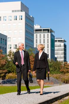 Business people talking outdoors and walking in a park