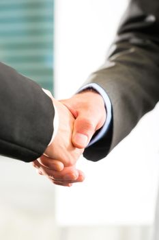 Two businessperson shaking hands closing a deal, closeup