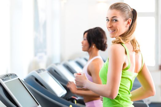 Running on treadmill in gym or fitness club - two women exercising to gain more fitness