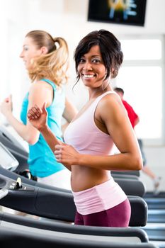 Running on treadmill in gym or fitness club - two women exercising to gain more fitness