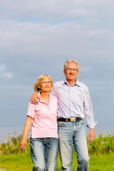 Man and woman, senior couple, having a walk in summer or outdoors in the vineyard