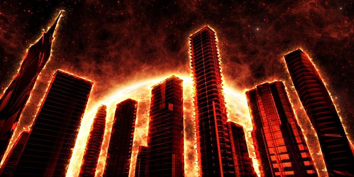 Flaming skyscrapers on the background of a red star. Fantasy on the theme of the apocalypse. Illustration
