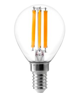 Energy efficient led filament Light Bulb Glowing isolated on white background. Green Energy Concept