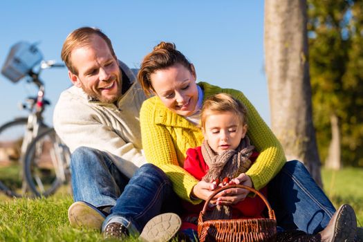 Family with mother, father and daughter having family trip on bicycle or cycle in park or country collecting chestnuts