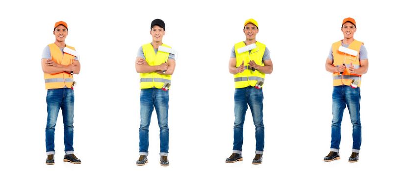 Asian painter, working man, compositing of four scenes, isolated on white background