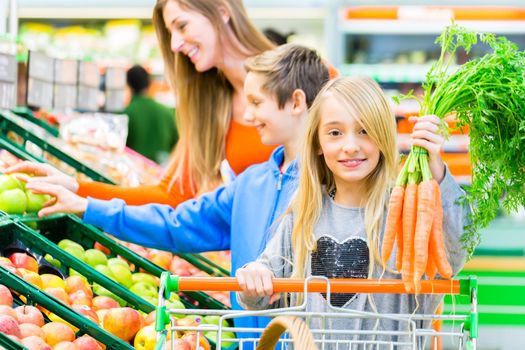 Family selecting fruits and vegetables while grocery shopping in supermarket