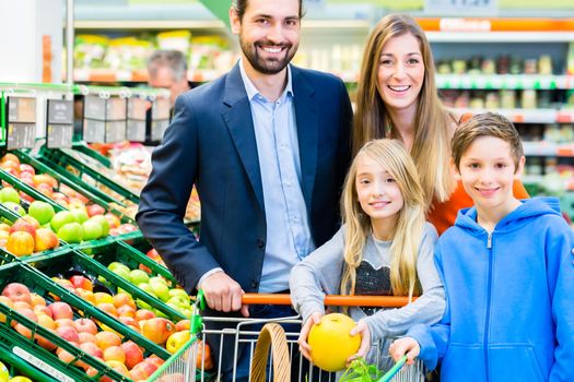 Family in supermarket selecting fruits while grocery shopping