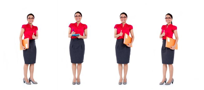 Asian business woman, compositing of four scenes, isolated on white background