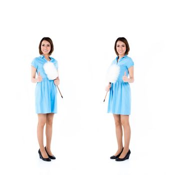 Asian housekeeper or hotel maid, compositing of two scenes, isolated on white background