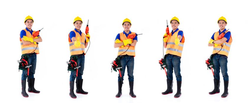 Asian construction worker, man standing, compositing of five scenes, isolated on white background