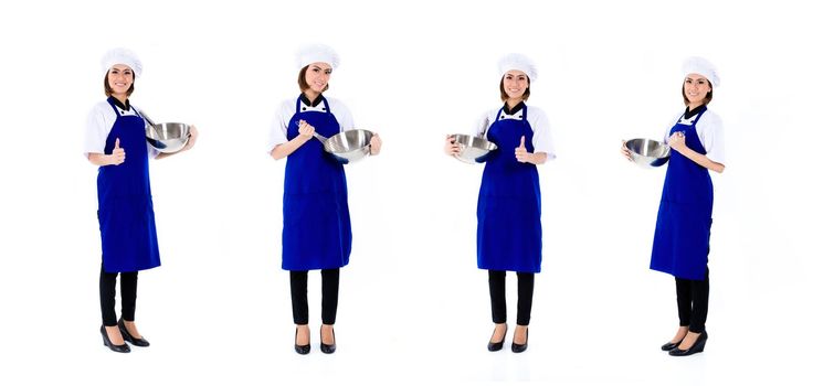 Asian chef, professional woman, compositing of four scenes, isolated on white background