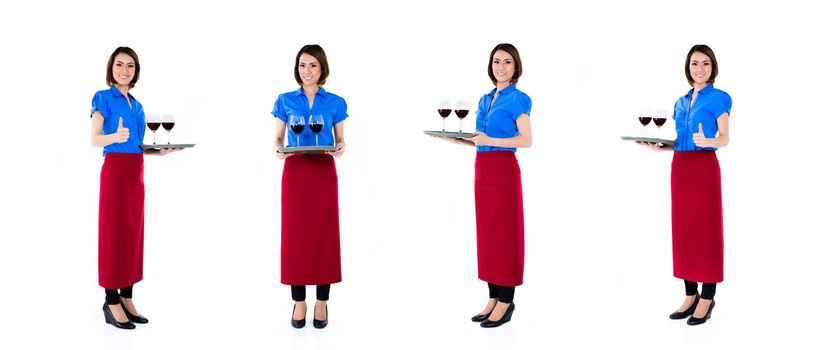 Asian waitress with wine on a tray, compositing of four scenes, isolated on white background