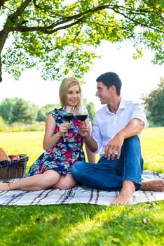 Couple having picnic wit red wine on meadow sitting on blanket with basket