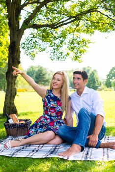 Couple, man and woman, having picnic on summer meadow