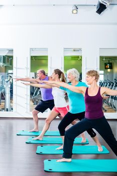 Group of senior people and young woman and men in fitness gym doing gymnastics