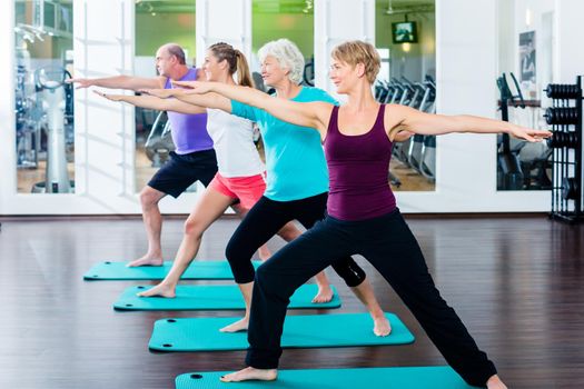 Group of senior people and young woman and men in fitness gym doing gymnastics