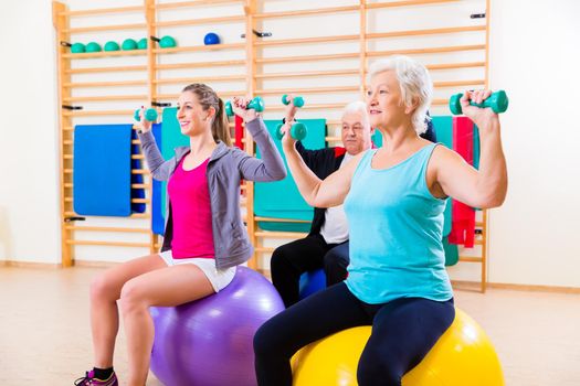 Group of senior and young people at physiotherapy doing exercises