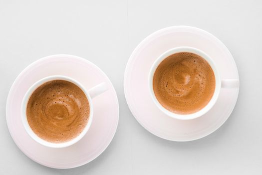 Drinks menu, italian espresso recipe and organic shop concept - Cup of hot french coffee as breakfast drink, flatlay cups on white background