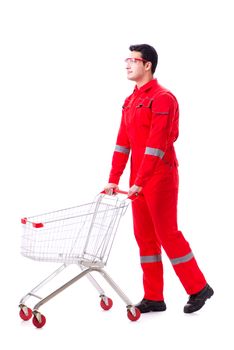 Repairman with shopping cart in industrial procurement concept