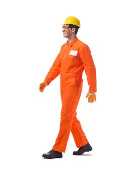 Contractor employee wearing coveralls isolated on white