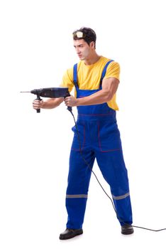 Contractor employee with hand power drill on white background
