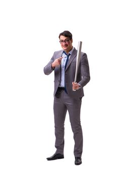 Businessman with baseball bat isolated on white