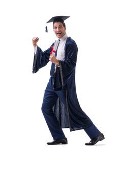 Student excited at his graduation isolated on white