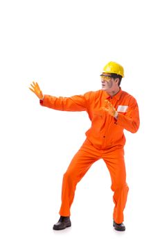 Contractor employee wearing coveralls isolated on white