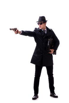 Man spy with handgun isolated on white background