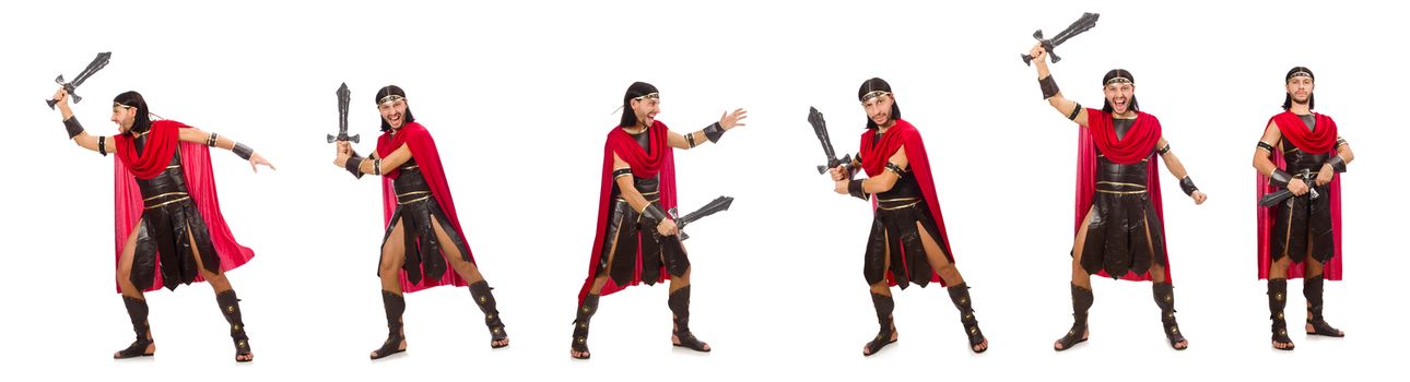 Gladiator posing with sword isolated on white