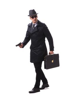 Man spy with handgun isolated on white background