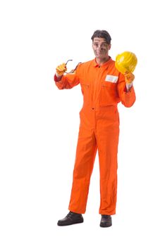 Contractor employee wearing coveralls isolated on white
