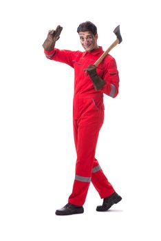 Contractor employee with axe on white background