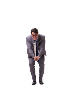 Businessman with baseball bat isolated on white