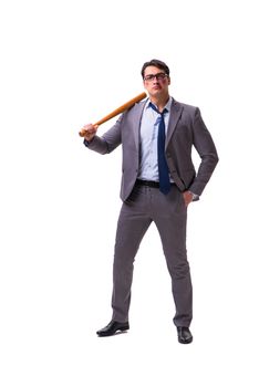 Businessman with baseball bat isolated on white