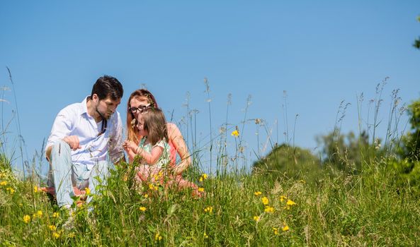 Family cuddling sitting at meadow on a summer day with blue sky