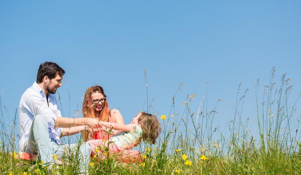 Family holding hands in summer in the grass