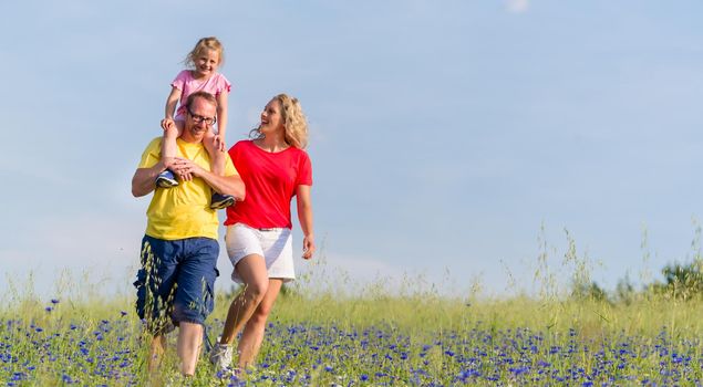 Family having walk on meadow with flowers, daddy is carrying his daughter piggyback