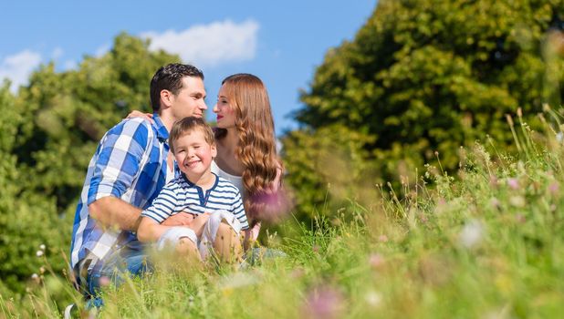 Family cuddling sitting on meadow in summer