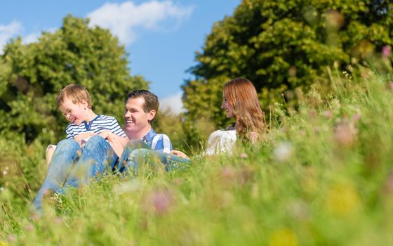 Family cuddling sitting on meadow in summer