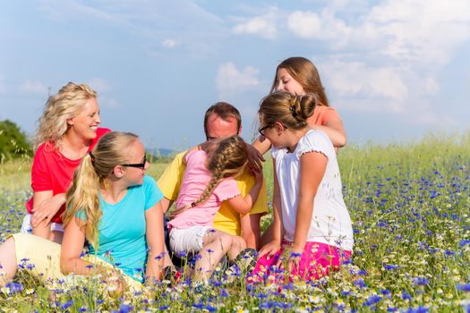 Family sitting on meadow in flowers, mom, dad and the kids